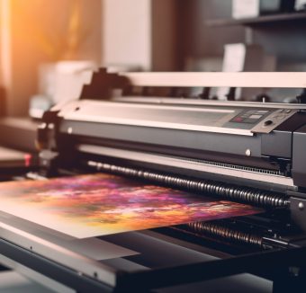 Modern printing press creates colorful documents indoors generated by artificial intelligence